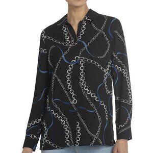 Chelsea & Theodore Chain Link Print Black Button Down Chiffon Shirt Size S